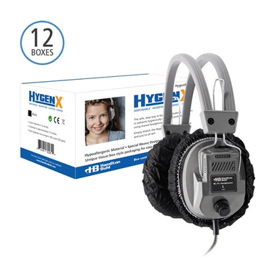 HygenX disposable ear covers for bulk school headphones in a pack of 12 boxes, ideal for education and testing centers.